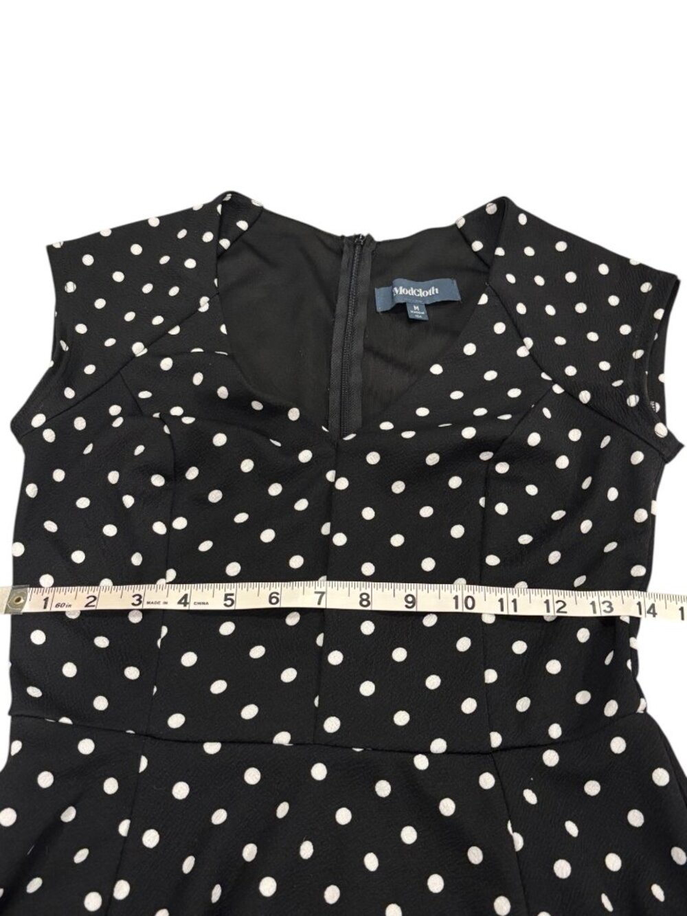 ModCloth Polka Dot Dress M Black White Fit Flare Retro Midi USA - Picture 9 of 9
